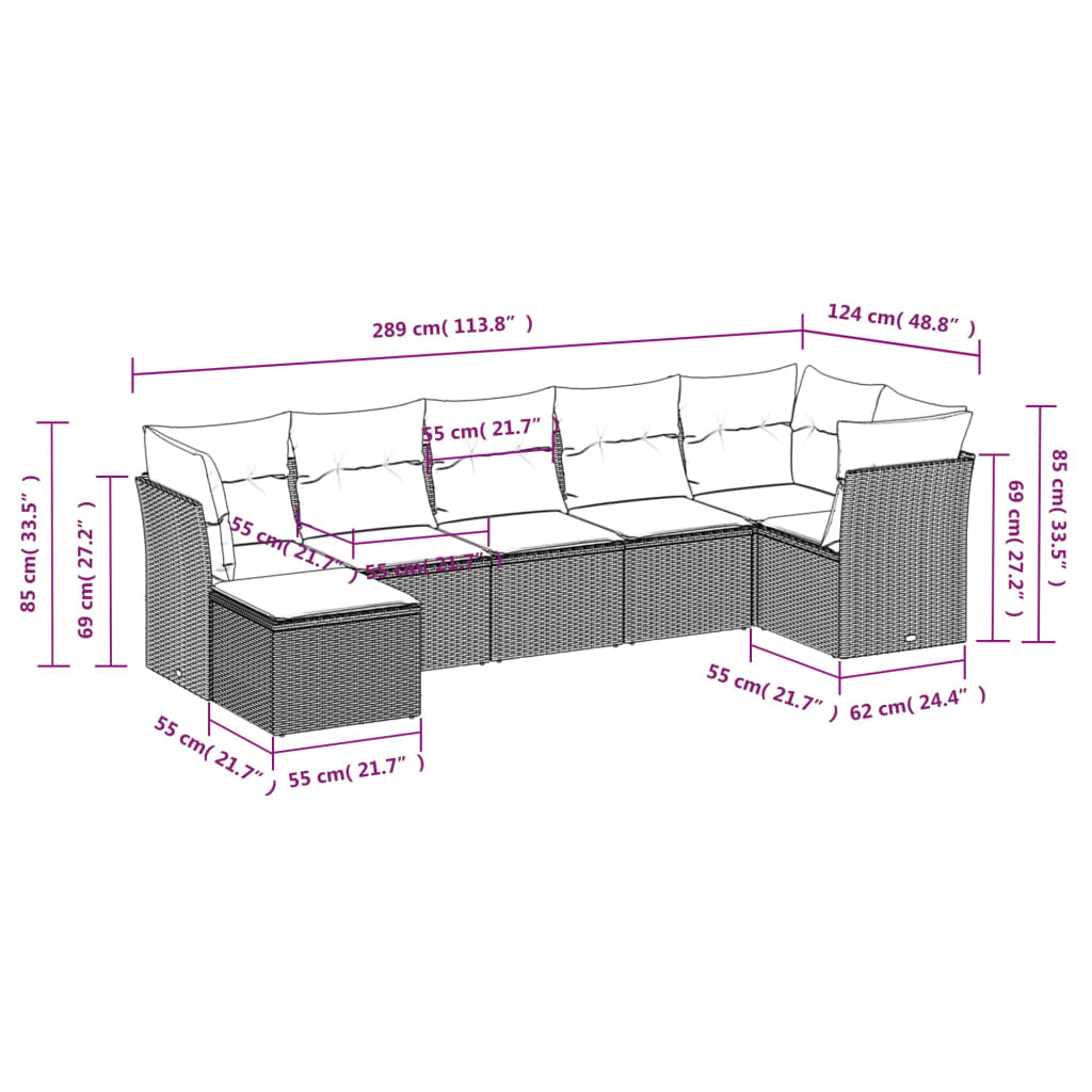 7 pcs conjunto de sofás jardim c/ almofadões vime PE castanho