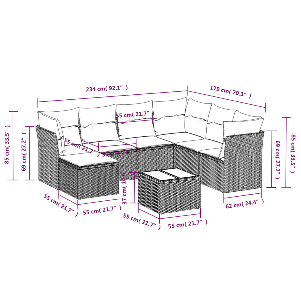 8 pcs conjunto sofás de jardim com almofadões vime PE preto