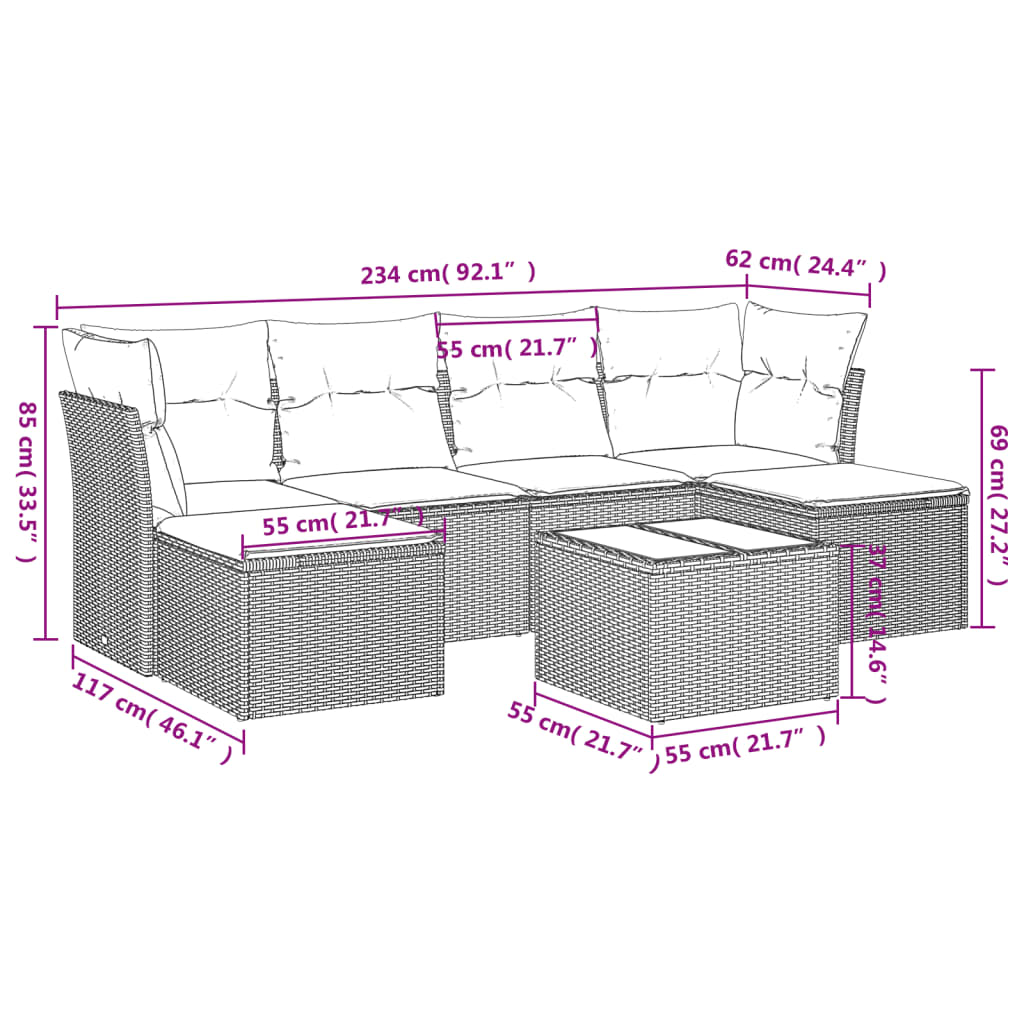 7 pcs conj. sofás jardim com almofadões vime PE cinzento-claro