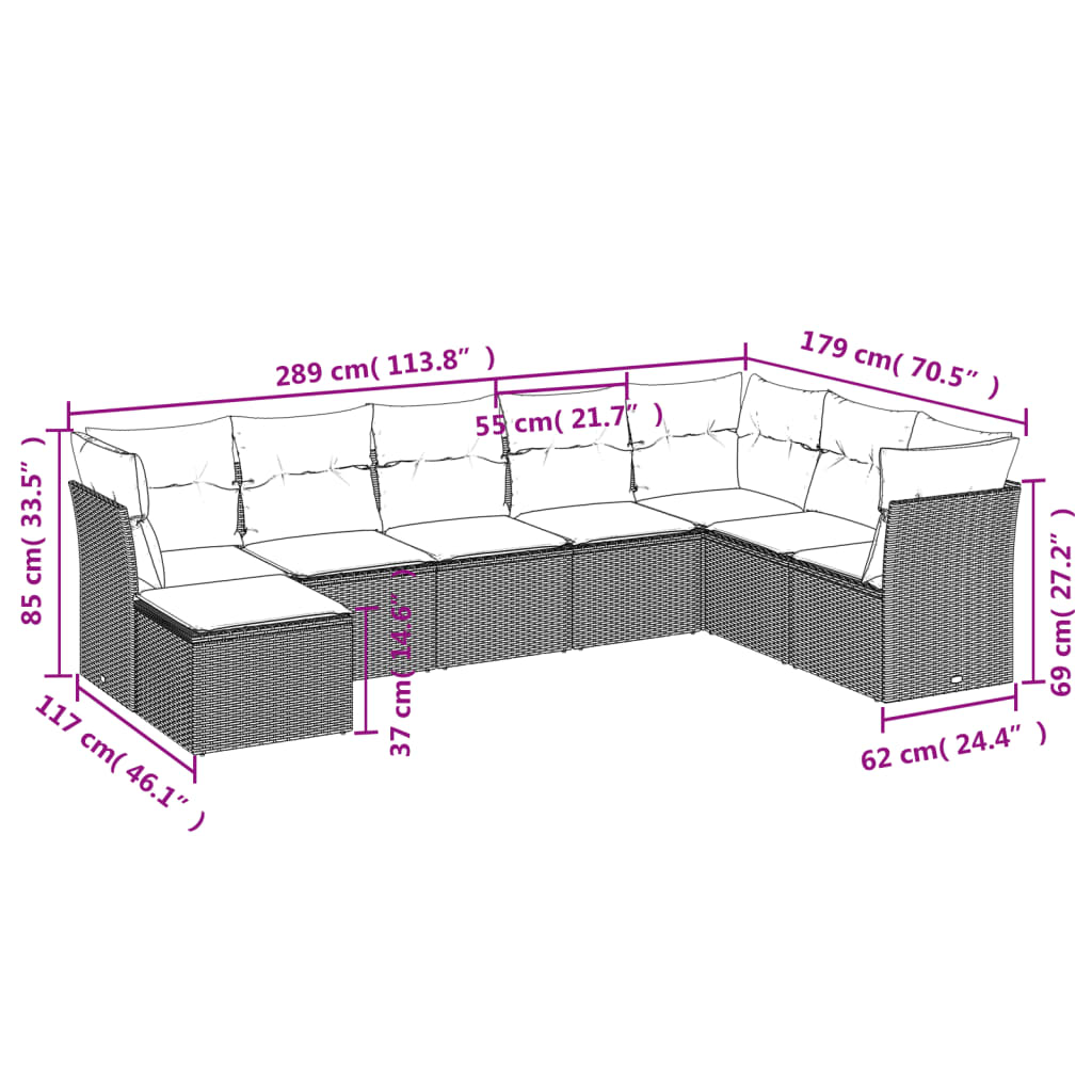 8 pcs conjunto sofás de jardim com almofadões vime PE preto