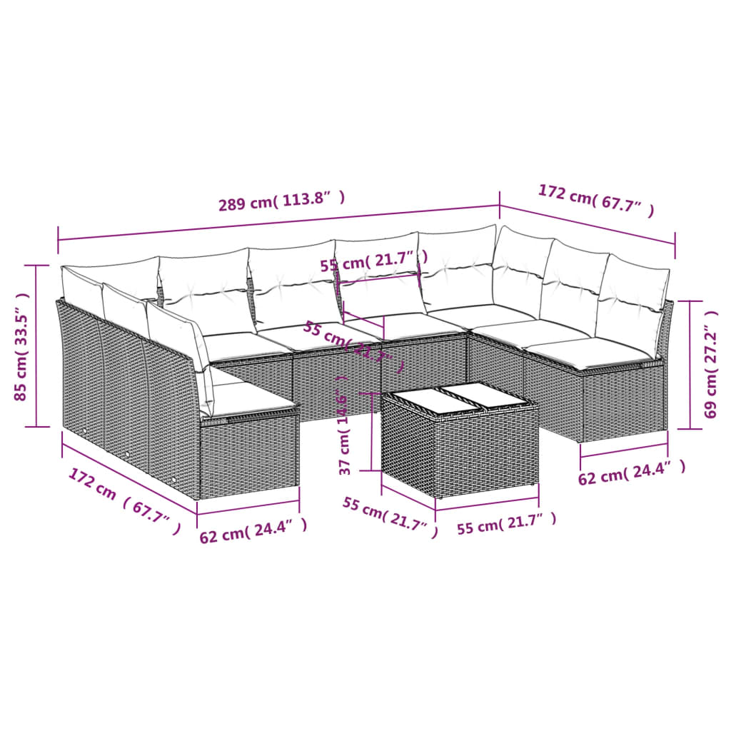 10 pcs conjunto sofás de jardim c/ almofadões vime PE preto