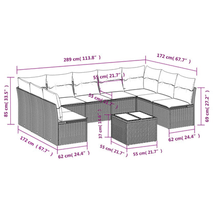 10 pcs conjunto sofás de jardim c/ almofadões vime PE preto