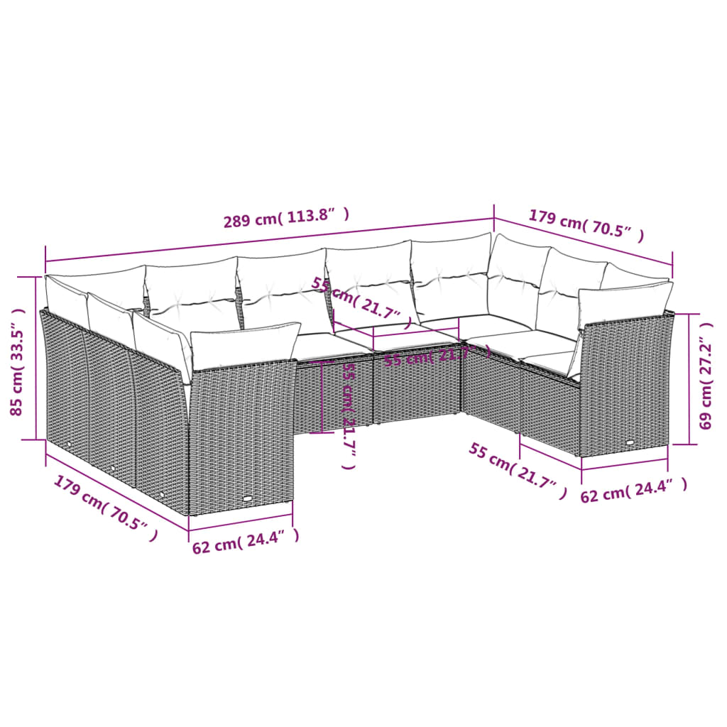 9 pcs conjunto de sofás p/ jardim com almofadões vime PE bege