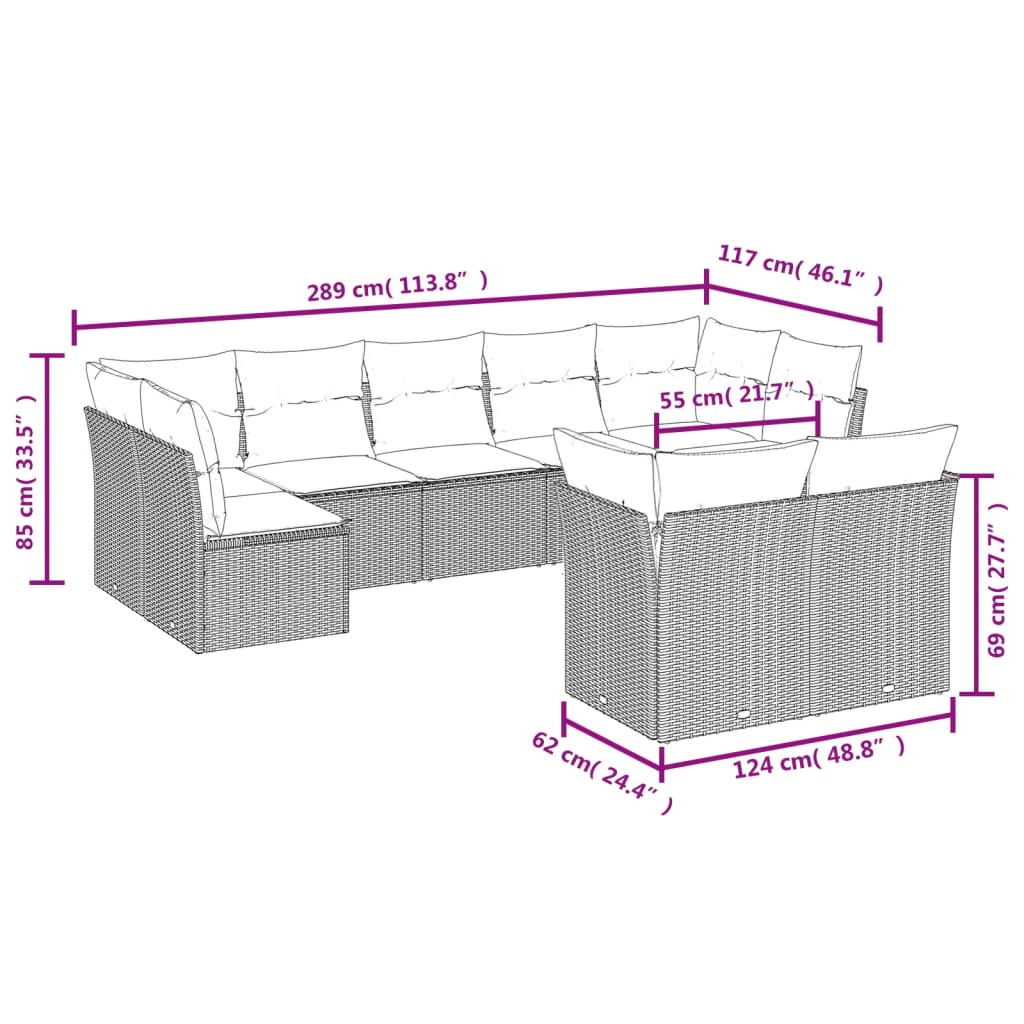 9 pcs conjunto de sofás p/ jardim com almofadões vime PE bege