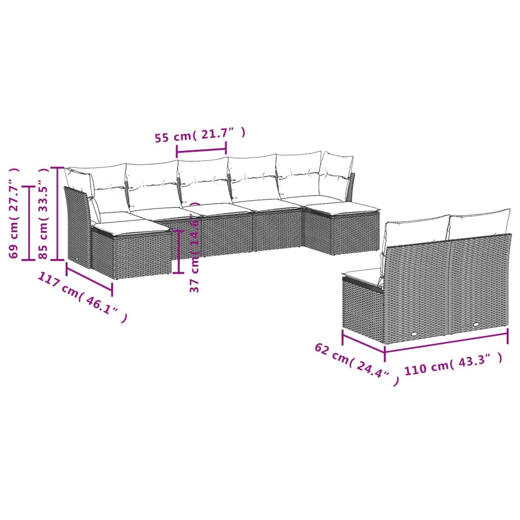 9 pcs conjunto de sofás p/ jardim c/ almofadões vime PE preto