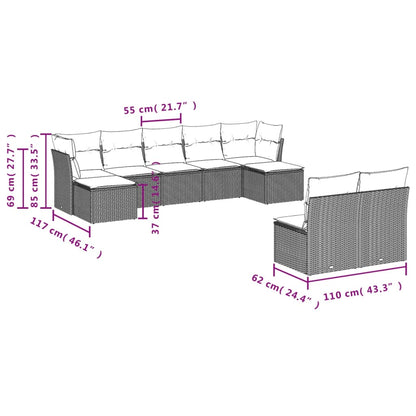 9 pcs conjunto de sofás p/ jardim c/ almofadões vime PE preto