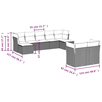 9 pcs conjunto de sofás p/ jardim c/ almofadões vime PE preto