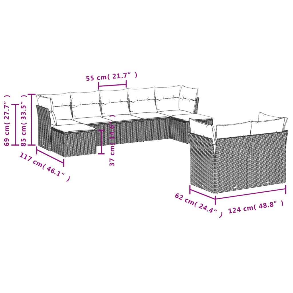 9 pcs conjunto de sofás p/ jardim c/ almofadões vime PE preto