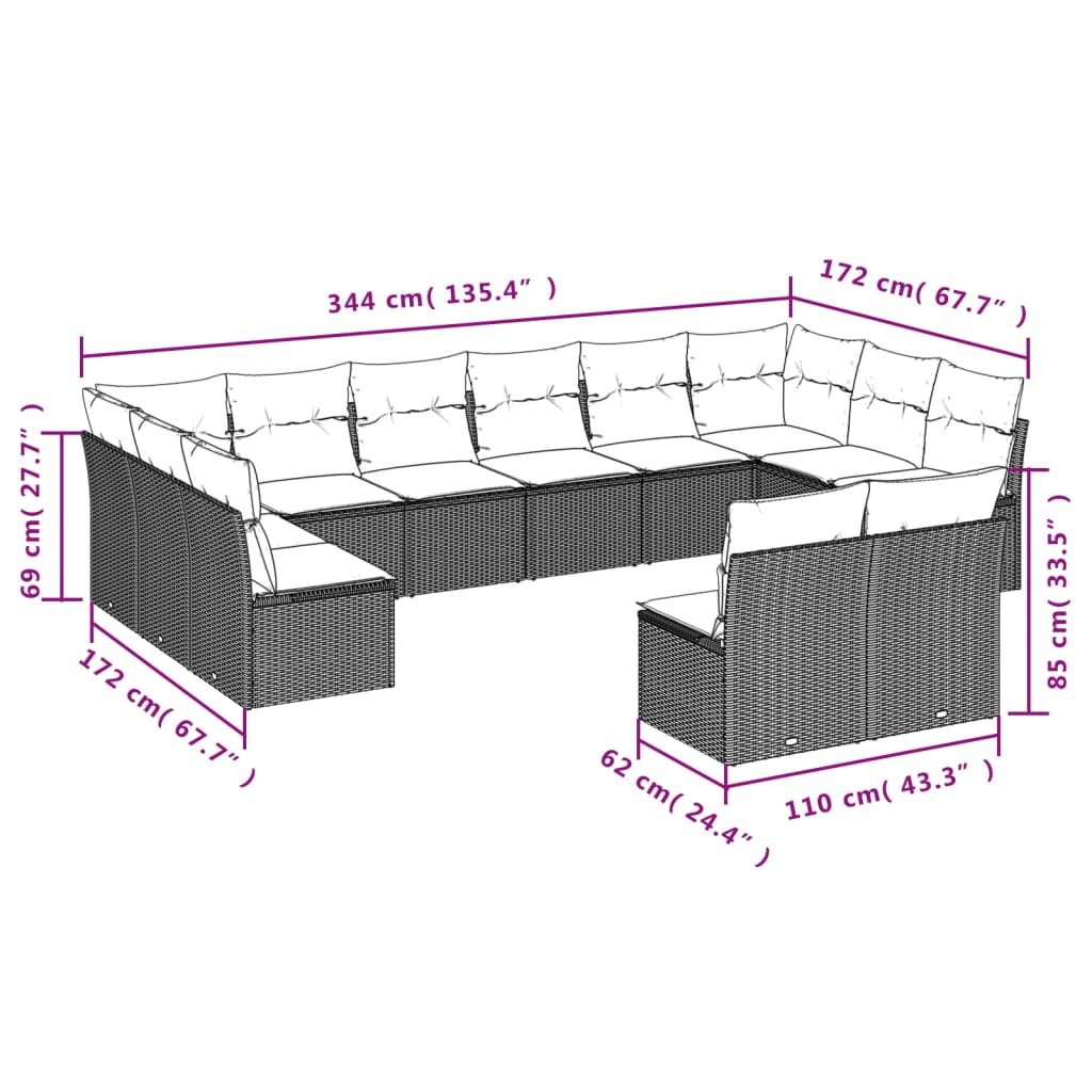 12 pcs conjunto de sofás jardim c/ almofadões vime PE cinzento