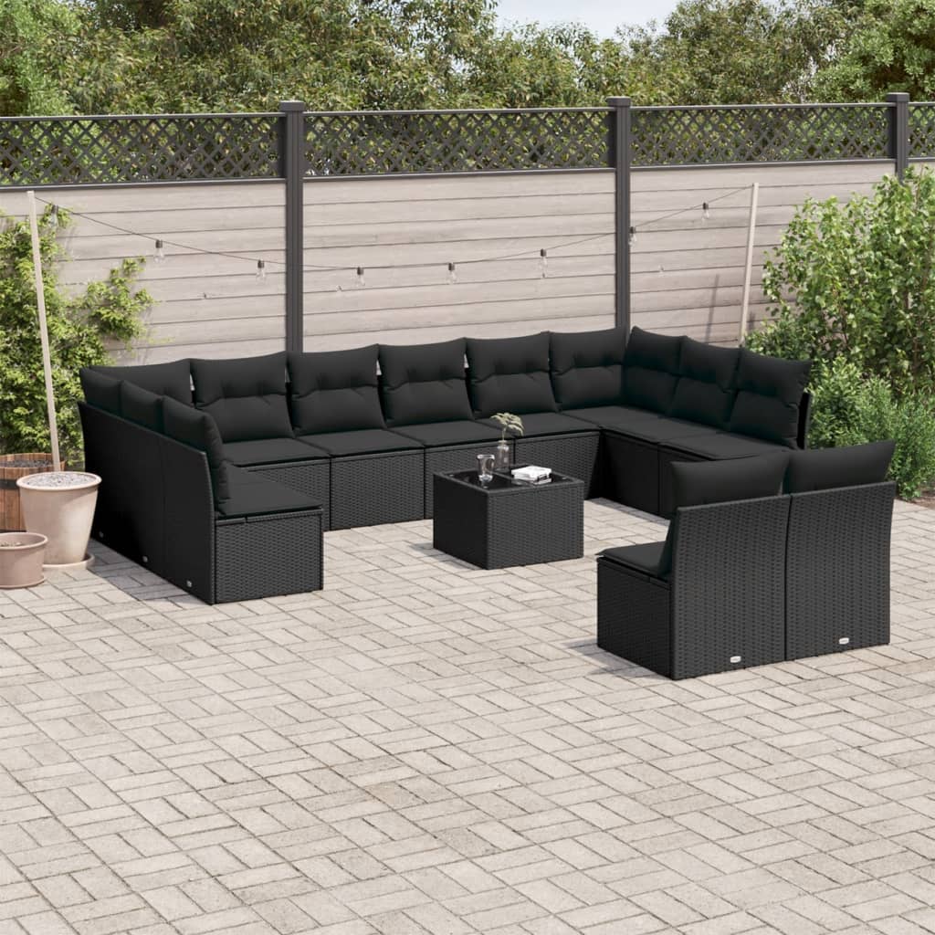 13 pcs conjunto de sofás de jardim com almofadões vime PE preto