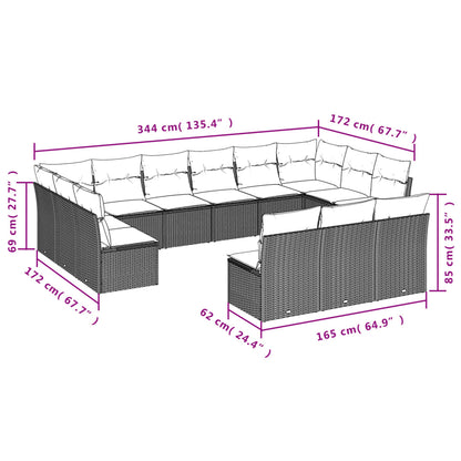 13 pcs conj. sofás jardim c/ almofadões vime PE cinzento-claro