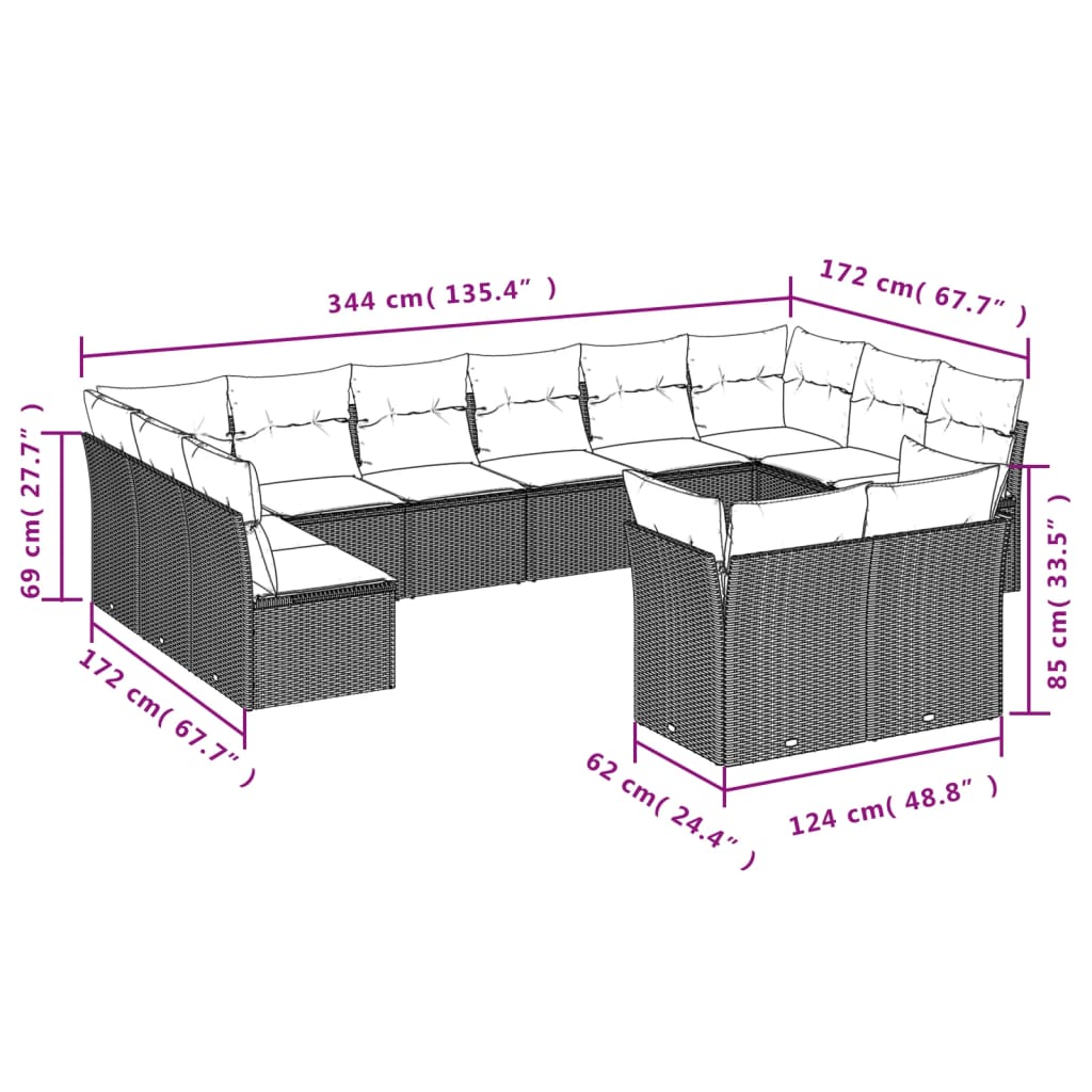 12 pcs conjunto de sofás p/ jardim com almofadões vime PE bege