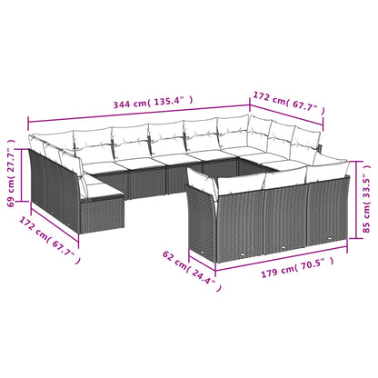 13 pcs conjunto sofás p/ jardim c/ almofadões vime PE cinzento