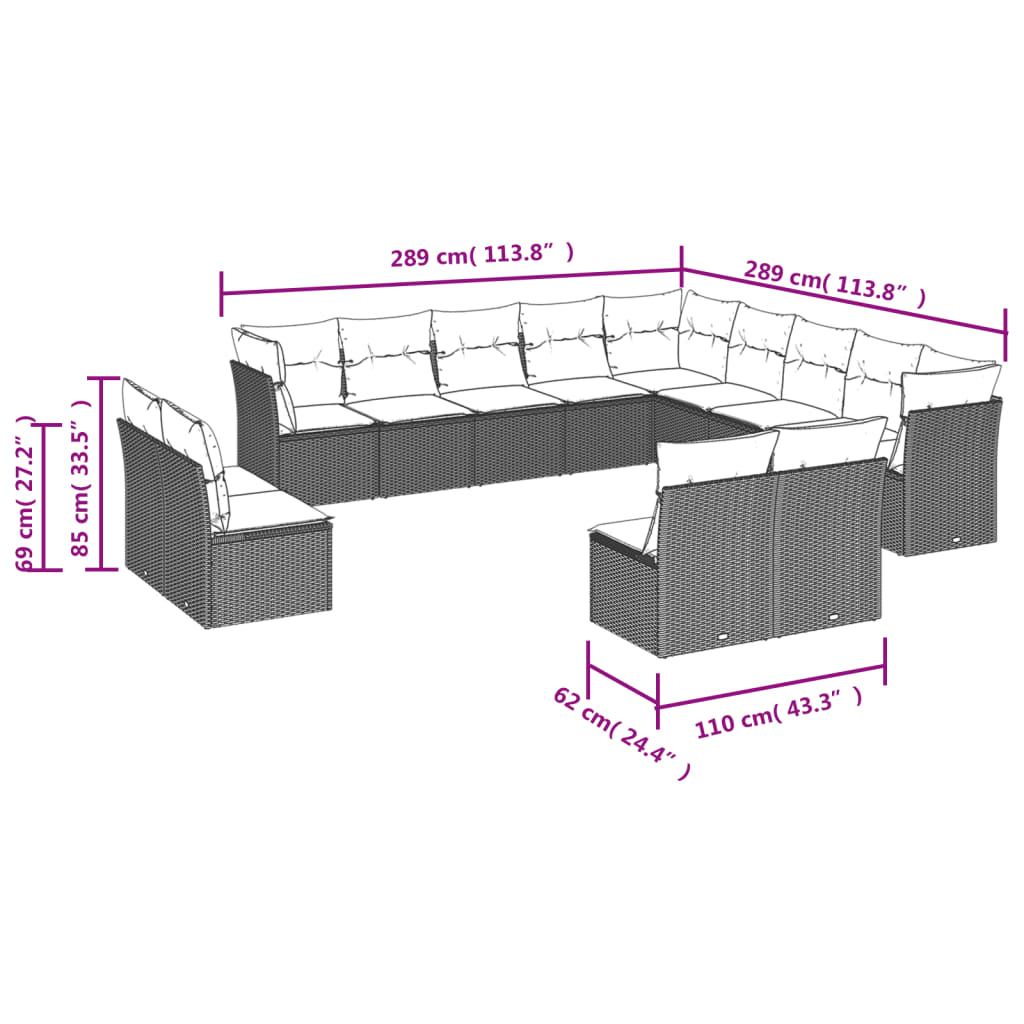 13 pcs conjunto de sofás p/ jardim com almofadões vime PE bege