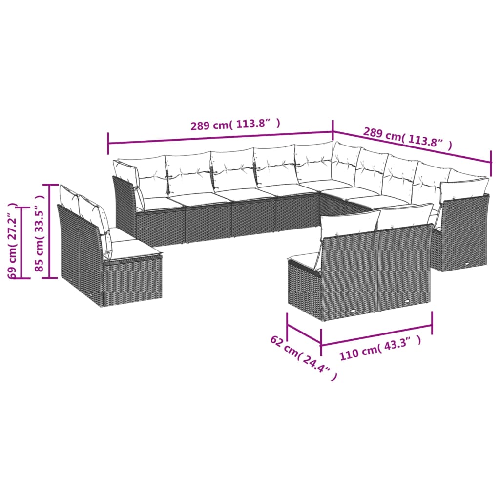 13 pcs conjunto sofás p/ jardim c/ almofadões vime PE castanho