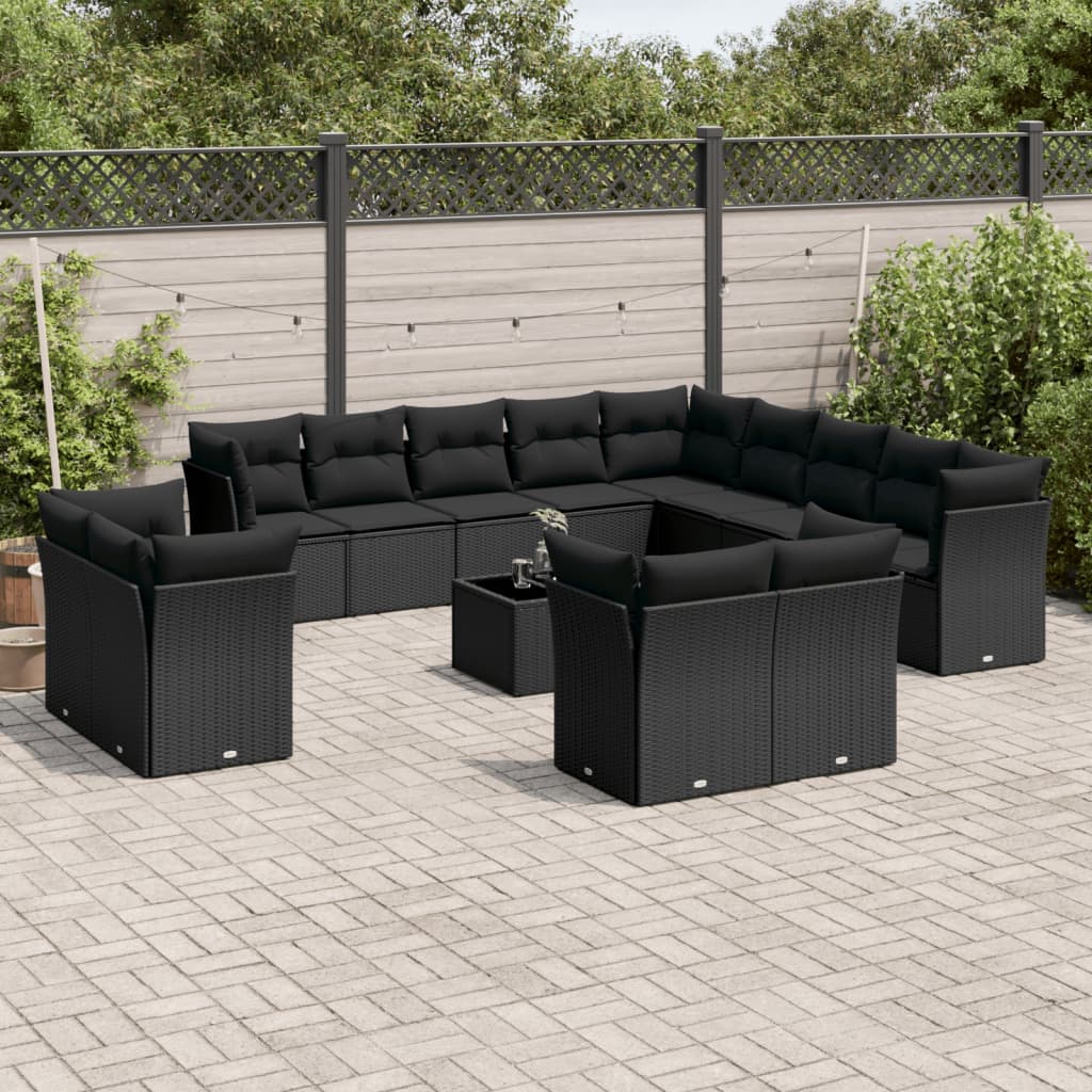 14 pcs conjunto de sofás p/ jardim c/ almofadões vime PE preto