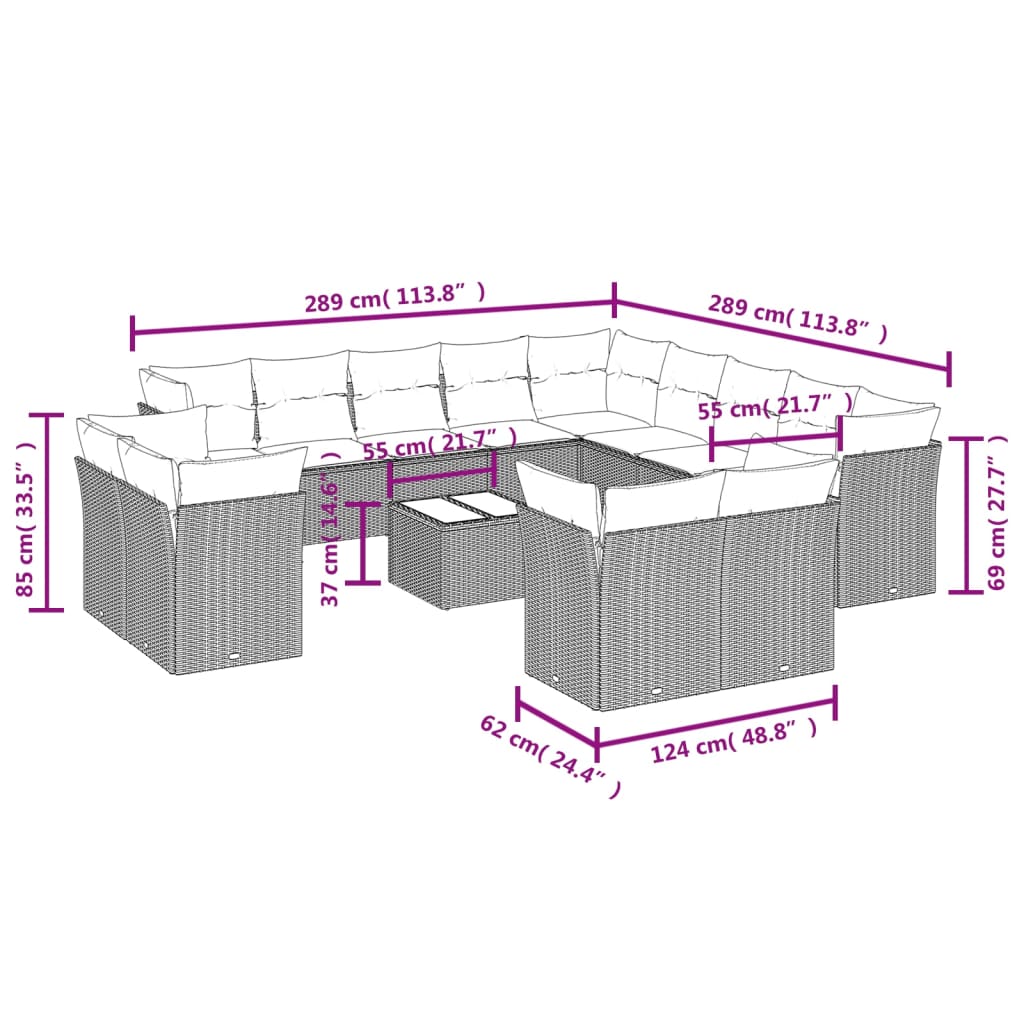 14 pcs conjunto de sofás p/ jardim c/ almofadões vime PE preto