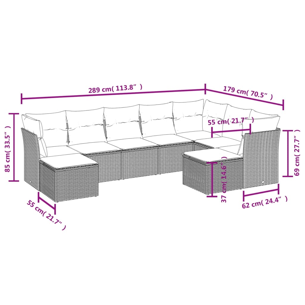 9 pcs conjunto de sofás p/ jardim com almofadões vime PE bege