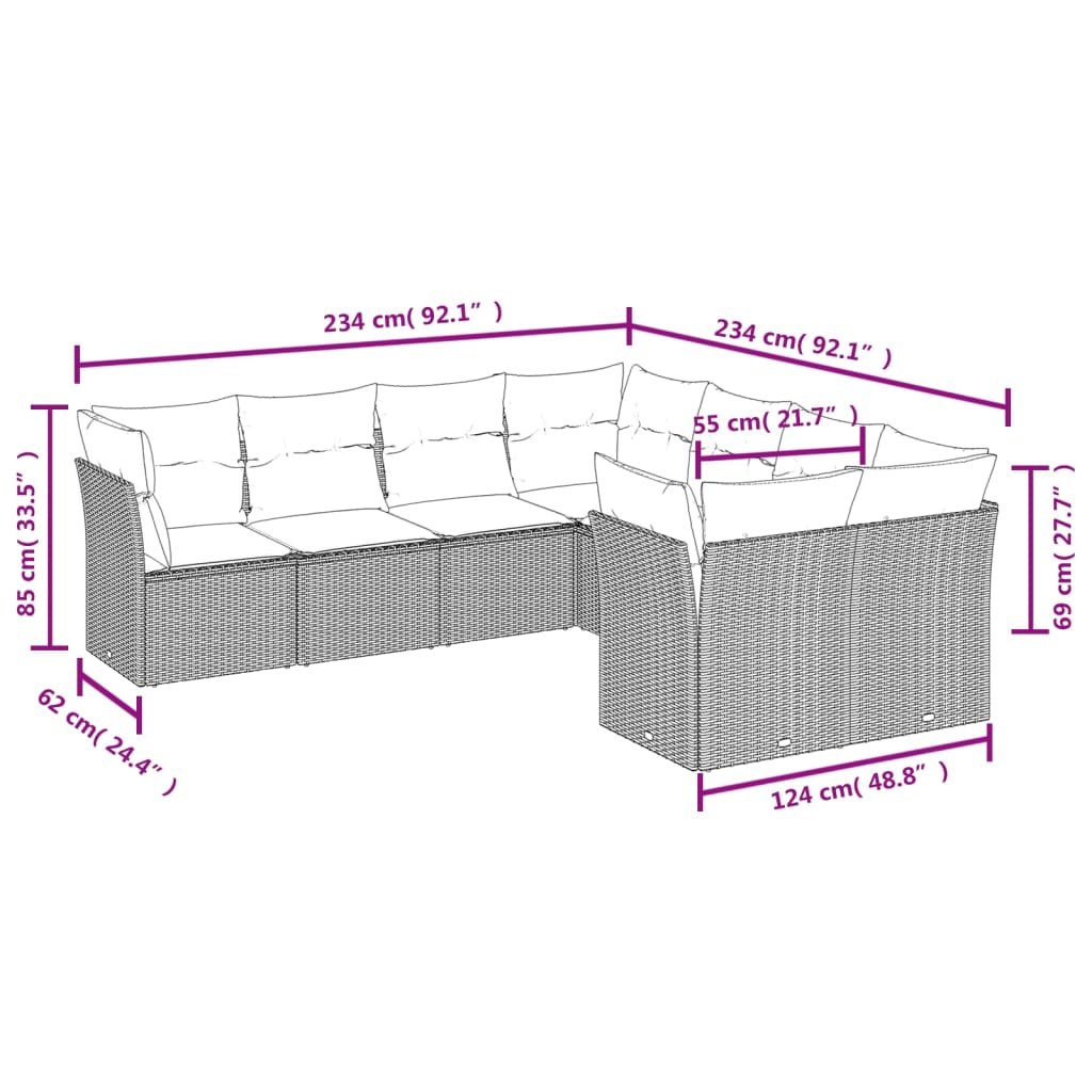 8 pcs conj. sofás jardim c/ almofadões vime PE cinzento-claro