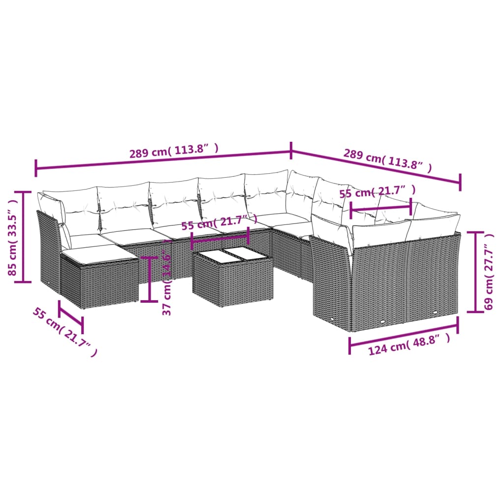 12 pcs conjunto de sofás de jardim c/ almofadões vime PE preto