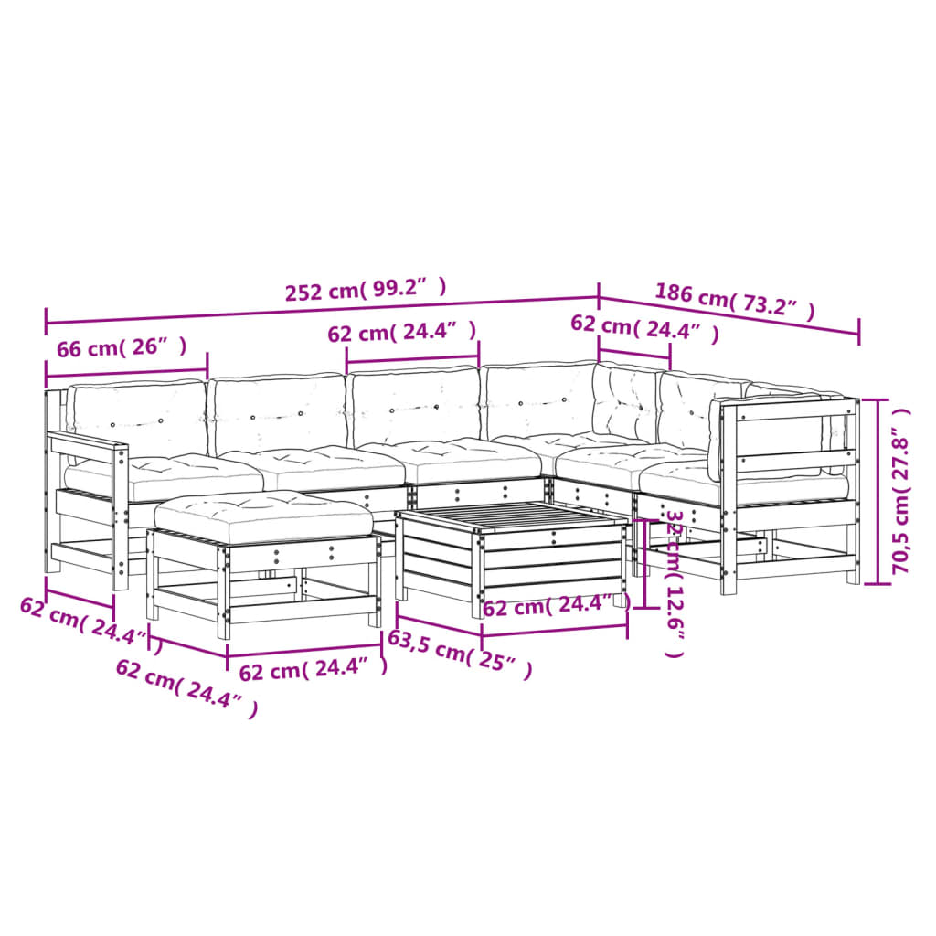 8 pcs conjunto lounge de jardim c/ almofadões pinho maciço