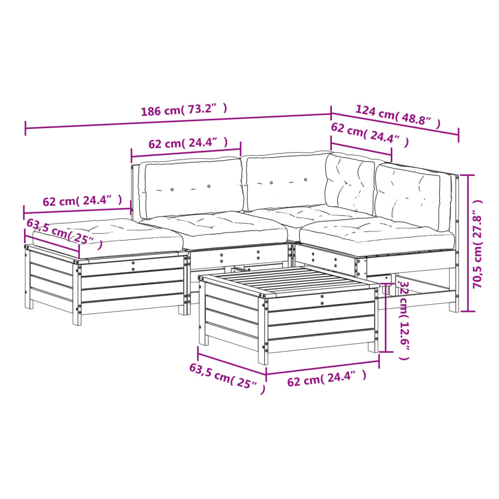 5 pcs conj. lounge de jardim c/ almofadões pinho maciço branco