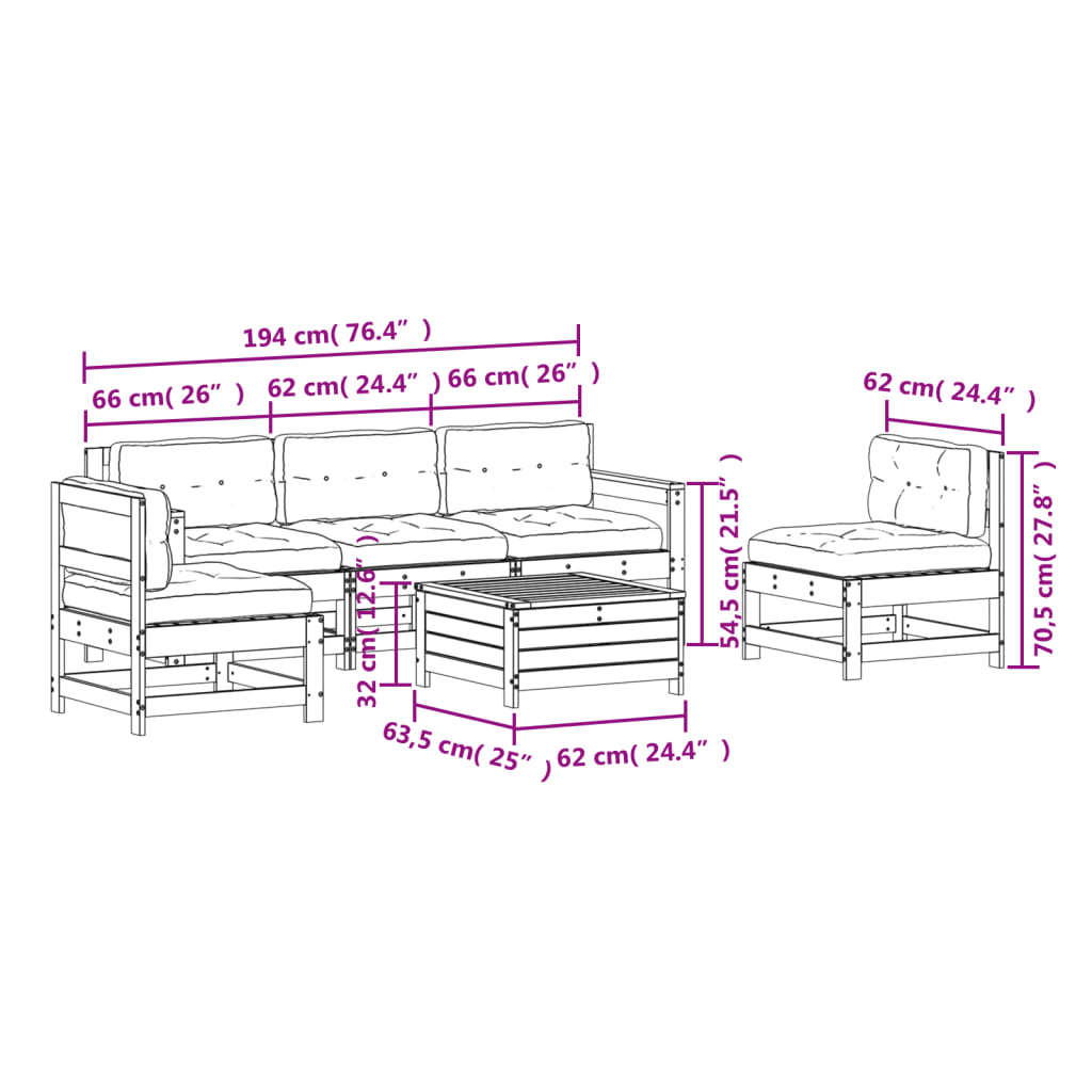 6 pcs conjunto lounge jardim c/ almofadões pinho maciço branco