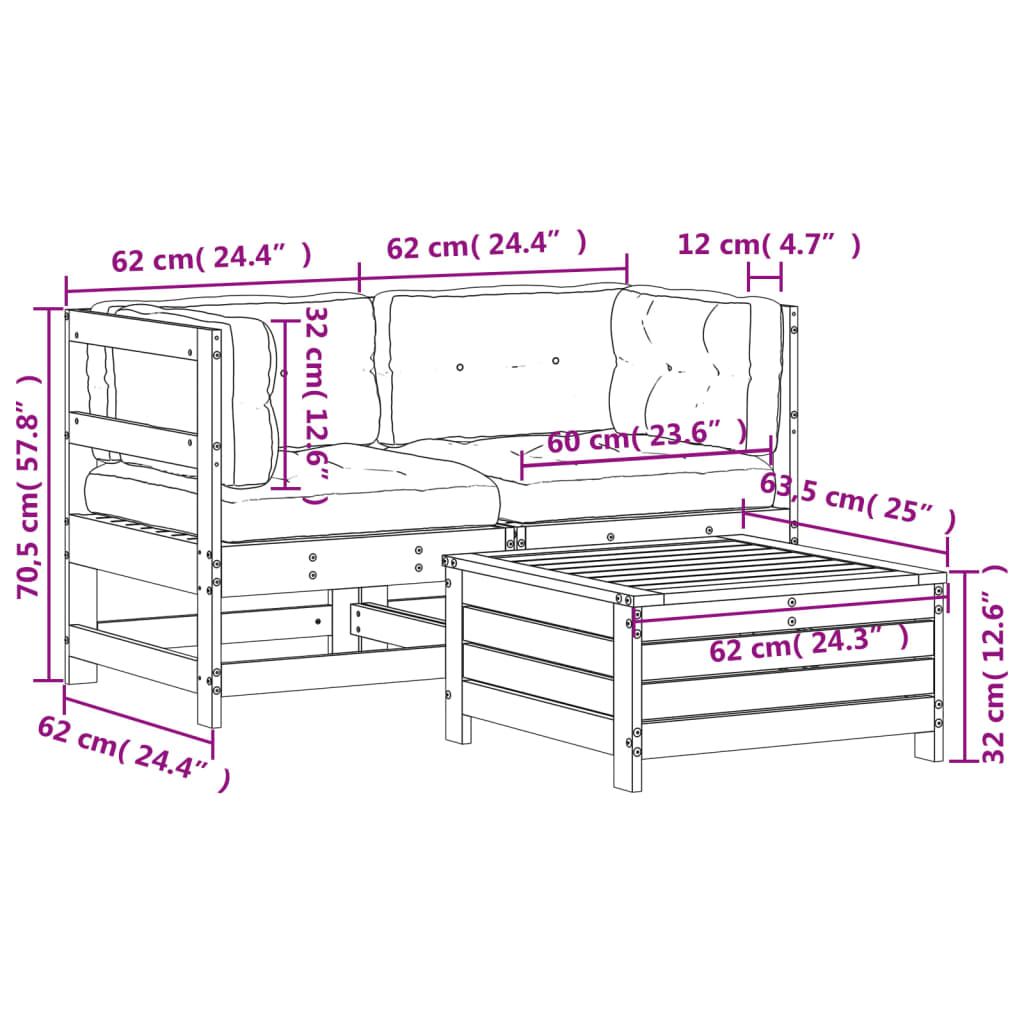 3 pcs conjunto lounge jardim c/ almofadões pinho maciço branco