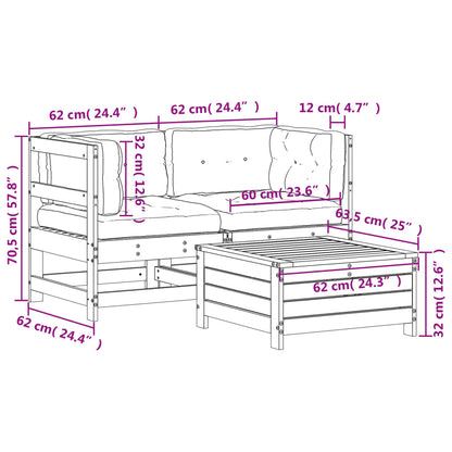 3 pcs conjunto lounge jardim c/ almofadões pinho maciço branco