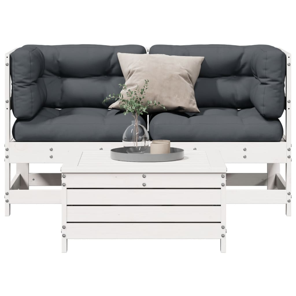 3 pcs conjunto lounge jardim c/ almofadões pinho maciço branco