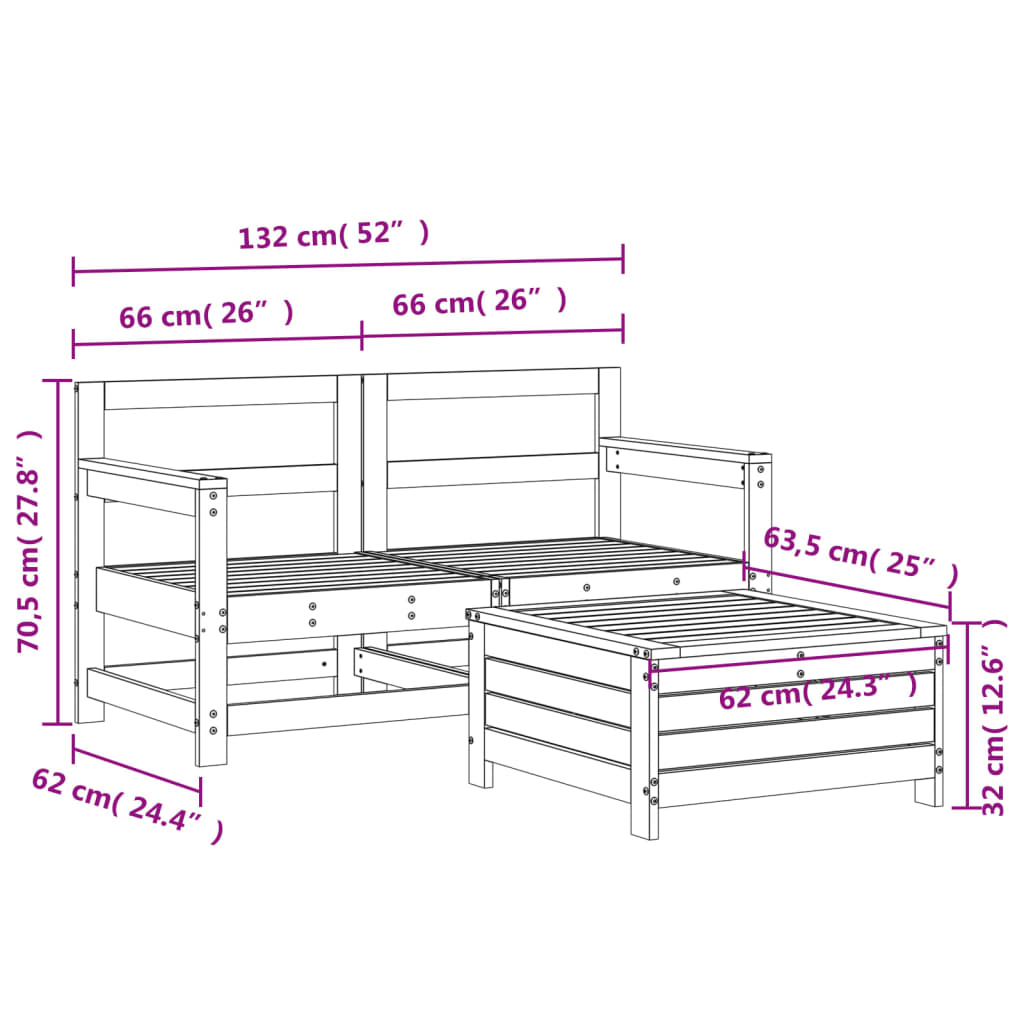 3 pcs conjunto sofás de jardim madeira de pinho maciça