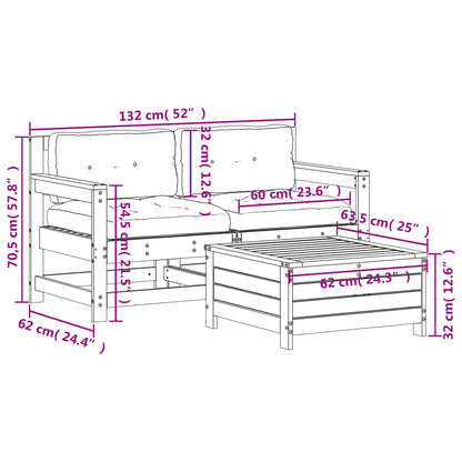 3 pcs conjunto lounge jardim c/ almofadões pinho maciço branco