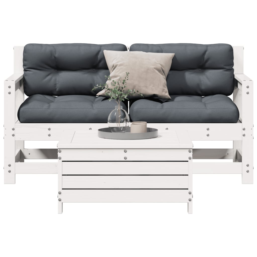 3 pcs conjunto lounge jardim c/ almofadões pinho maciço branco