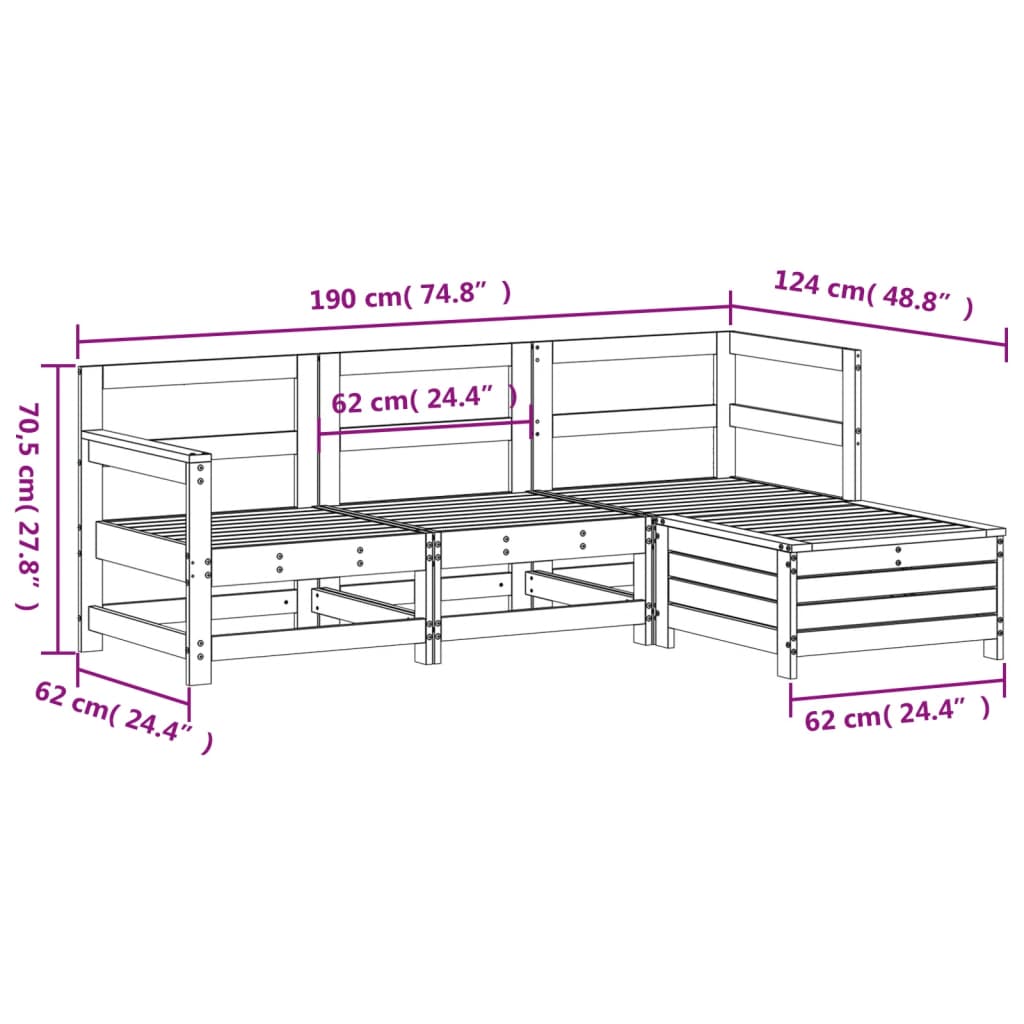 4 pcs conjunto sofás de jardim madeira de pinho maciça