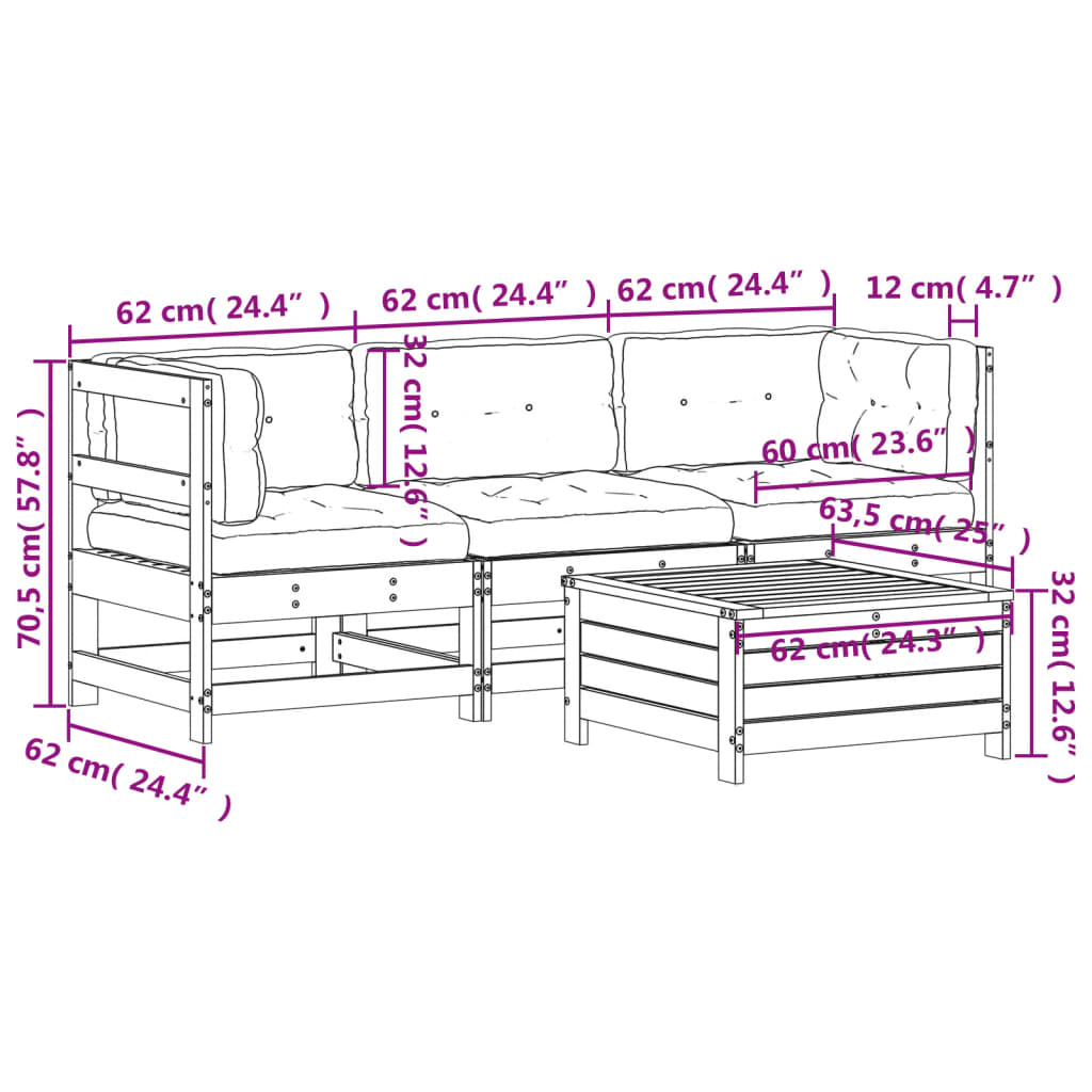 4 pcs conj. lounge de jardim c/ almofadões pinho maciço branco