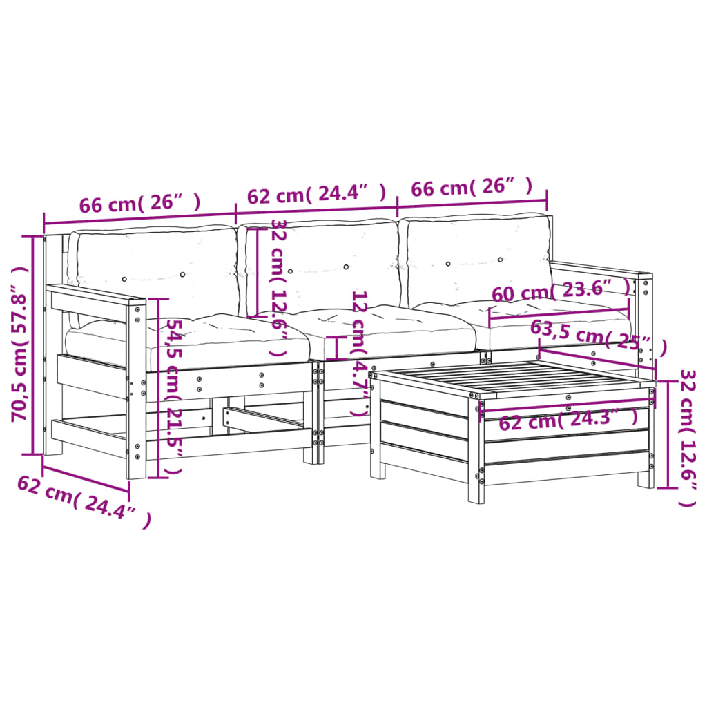 4 pcs conj. lounge de jardim c/ almofadões pinho maciço branco