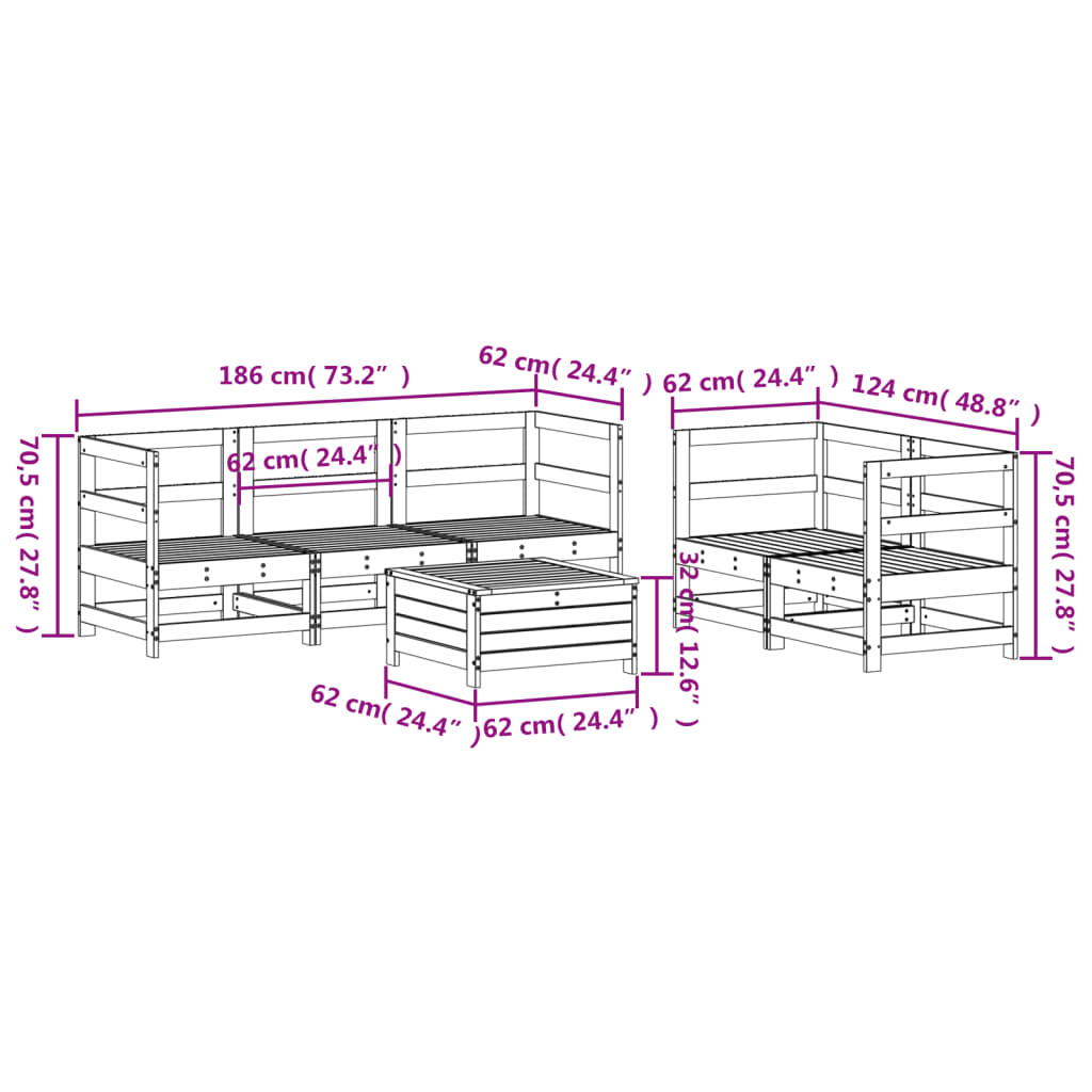 6 pcs conjunto de sofás de jardim madeira de pinho impregnada