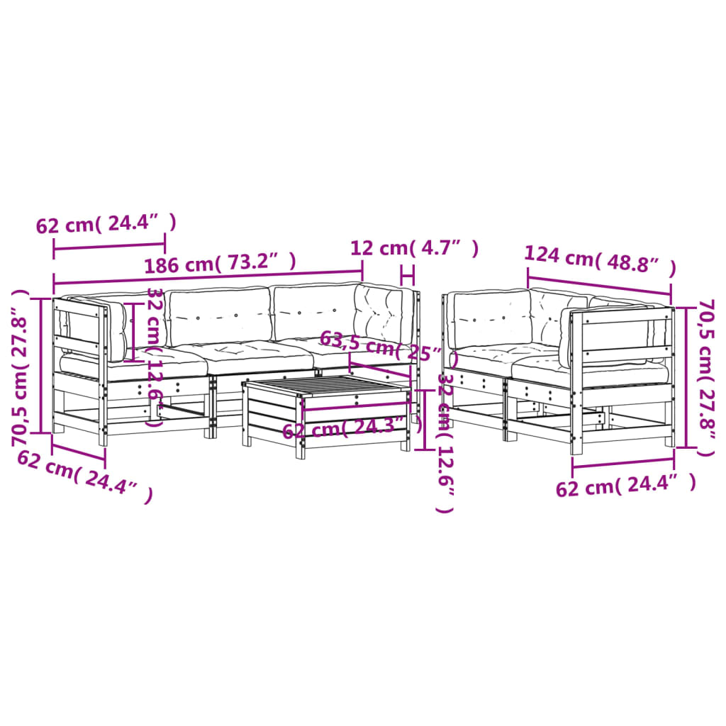 6 pcs conjunto lounge jardim c/ almofadões pinho maciço branco