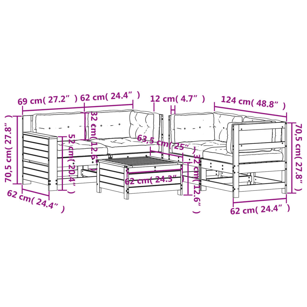 5 pcs conj. lounge de jardim c/ almofadões pinho maciço branco