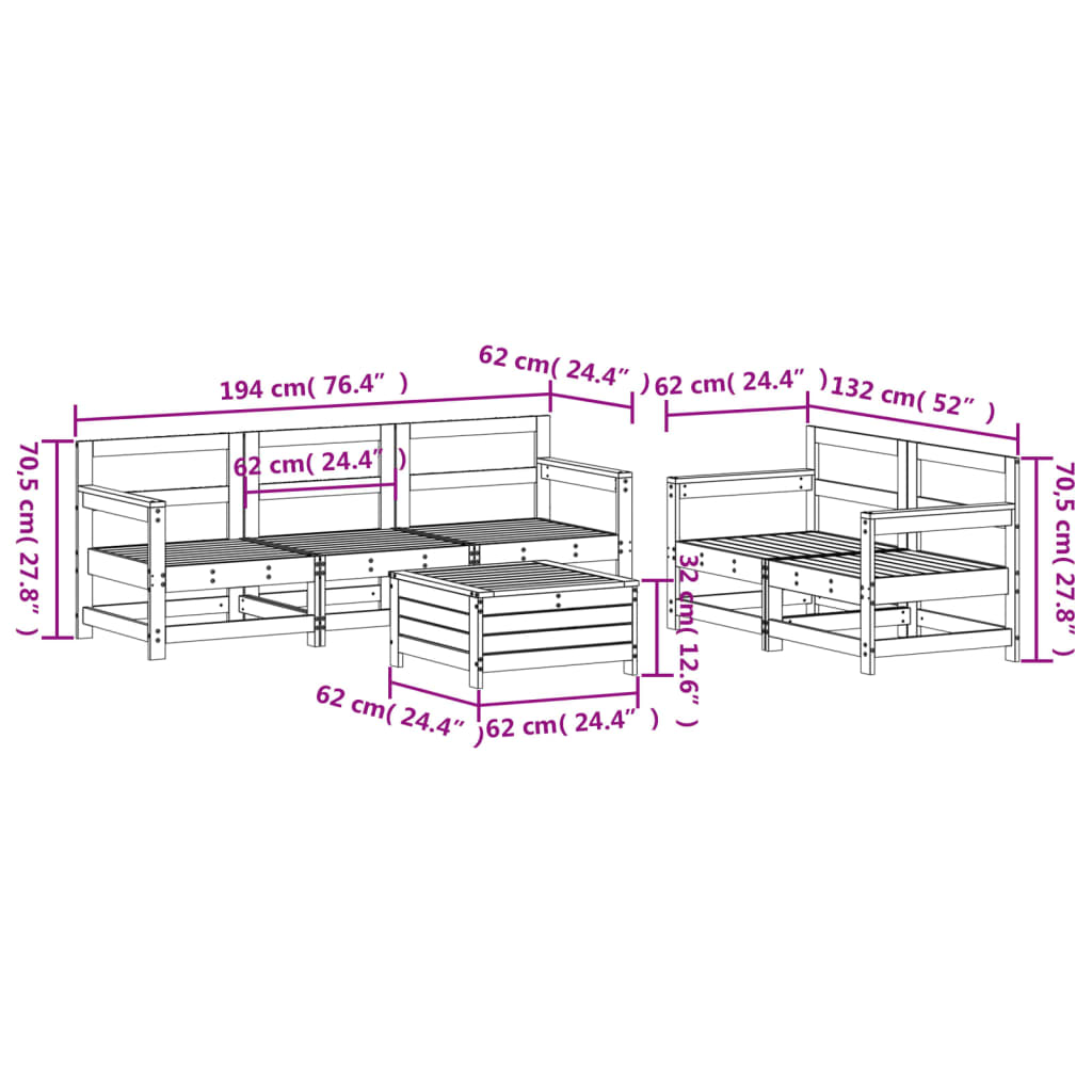 6 pcs conjunto sofás de jardim madeira de pinho maciça