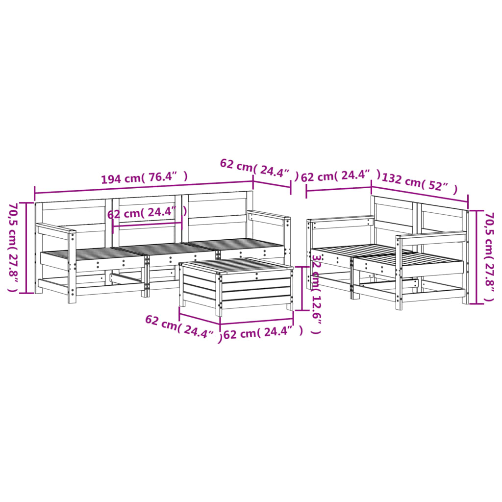 6 pcs conjunto sofás de jardim madeira de pinho maciça branco