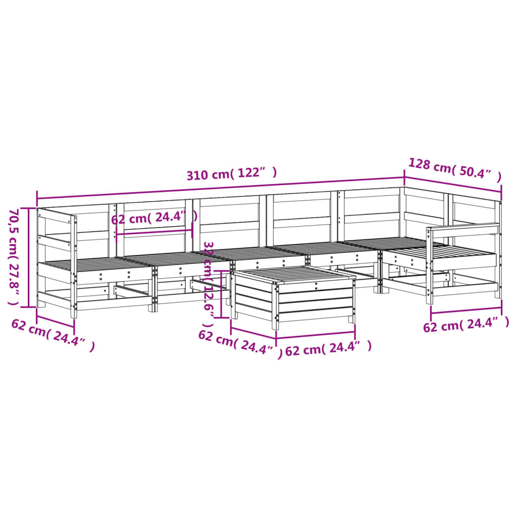 7 pcs conjunto de sofás para jardim madeira de pinho maciça