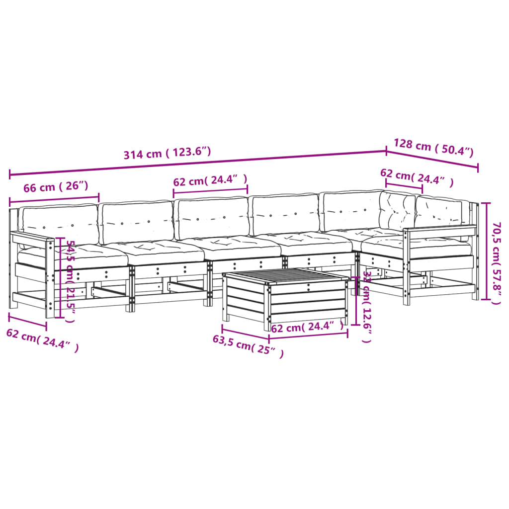 7 pcs conj. lounge de jardim c/ almofadões pinho maciço branco