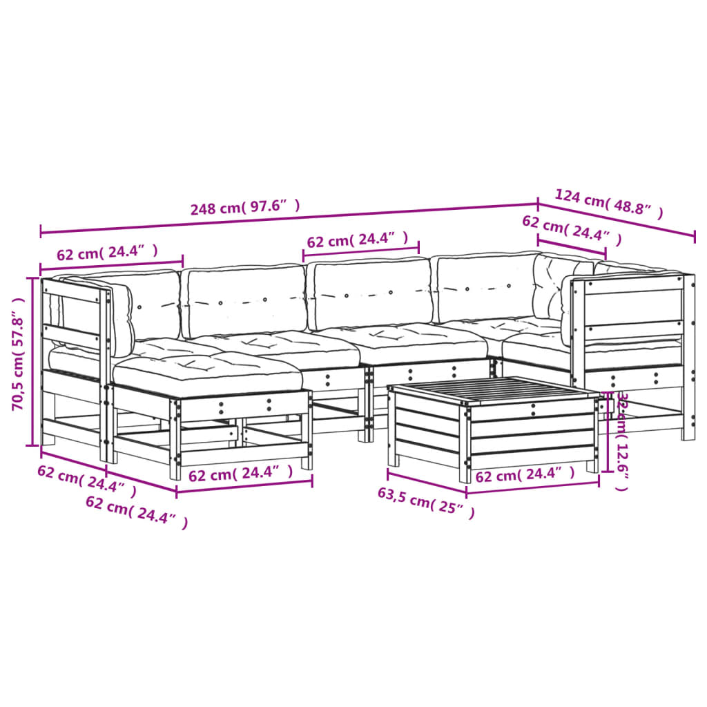 7 pcs conj. lounge de jardim c/ almofadões pinho maciço branco