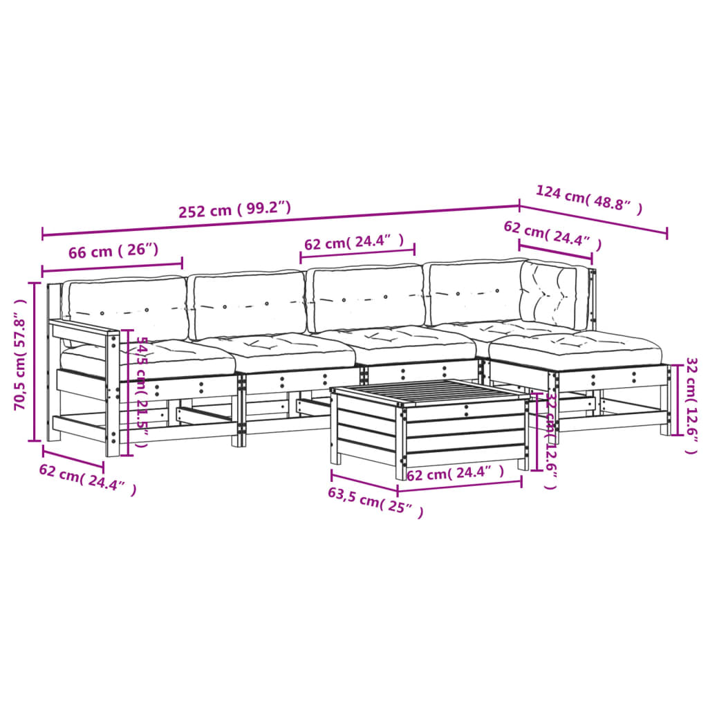 6 pcs conjunto lounge jardim c/ almofadões pinho maciço branco