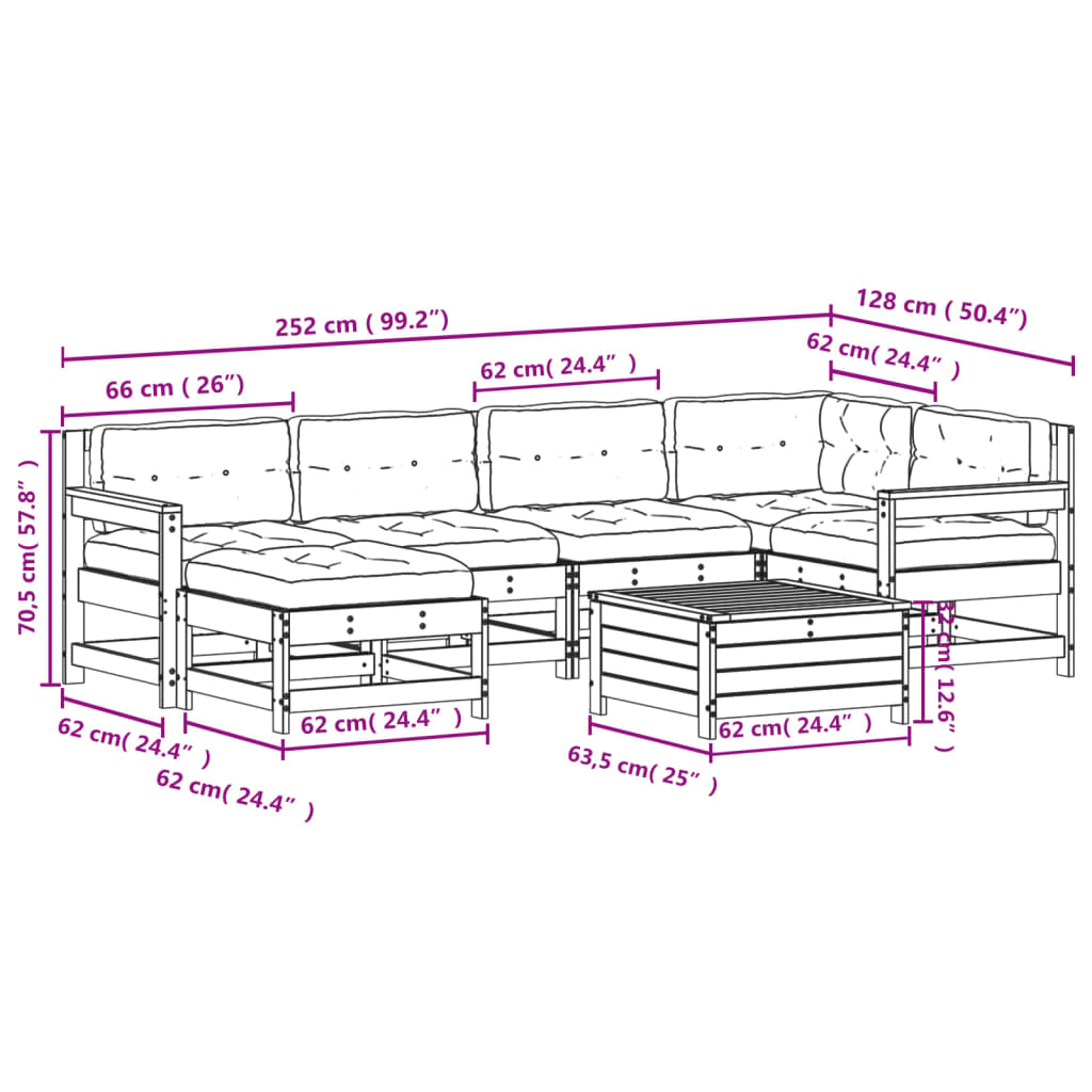 7 pcs conj. lounge de jardim c/ almofadões pinho maciço branco