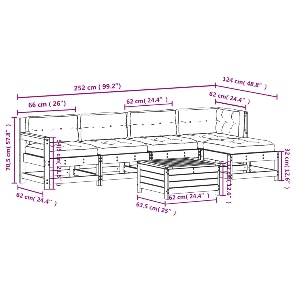 6 pcs conjunto lounge de jardim c/ almofadões pinho maciço