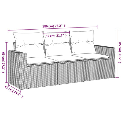 3 pcs conj. sofás jardim c/ almofadões vime PE cinzento-claro