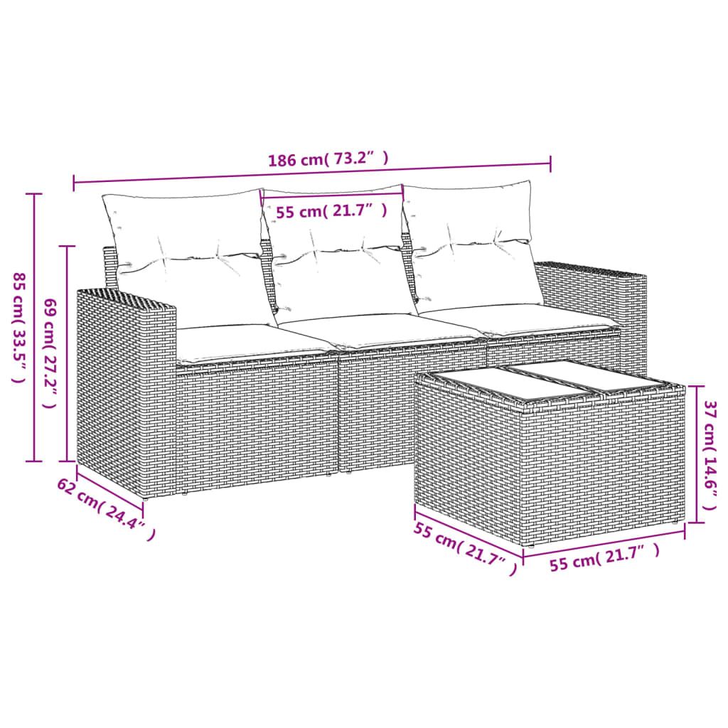 4 pcs conj. sofás jardim c/ almofadões vime PE cinzento-claro