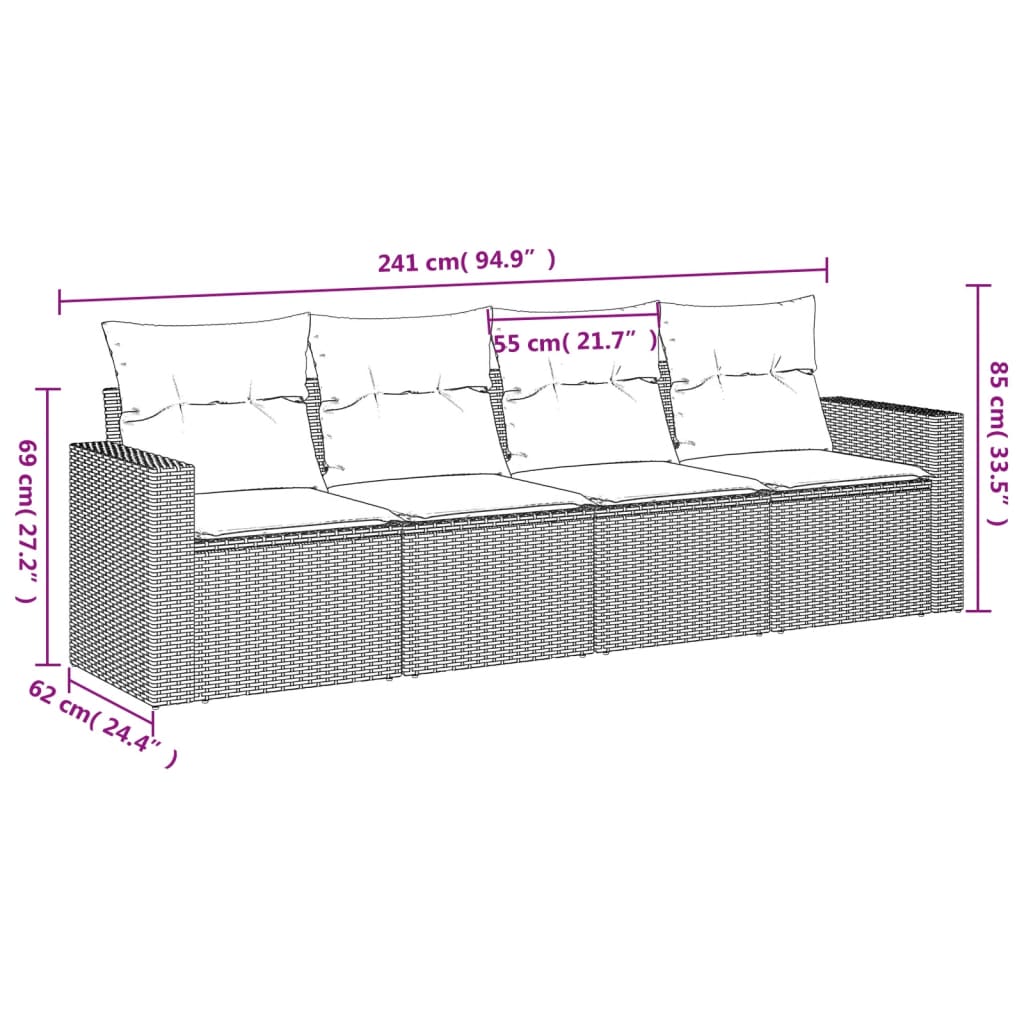 4 pcs conjunto sofás de jardim c/ almofadões vime PE castanho